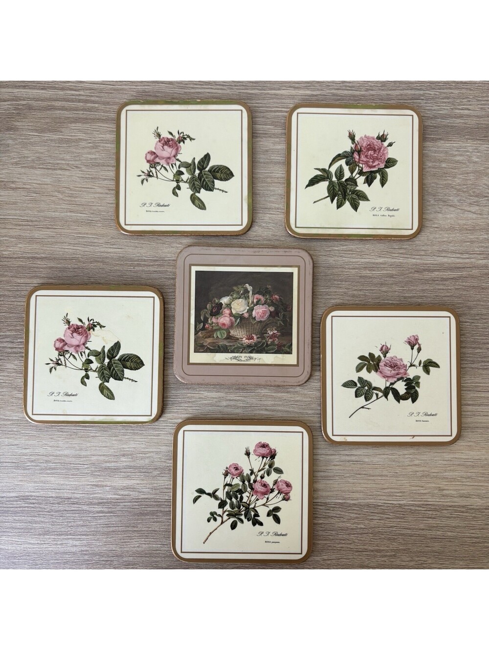 Vintage Pimpernel Coasters, Set Of 6, Rose Flower 4” Square, P J Redoute